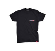 <img src="FlyShopFlagTeeBlack_Front" alt="black tee shirt with red white and blue h logo on the left chest">
