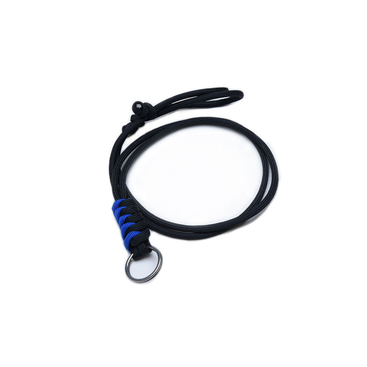 <img src="HatchOriginalNipperLanyard_Blue" alt="blue and black nipper lanyard with clasp and snake knot">