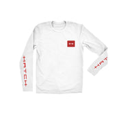 <img src="HatchPerformanceTee_White.jpg" alt="white long sleeved tee with red square hatch logo on chest">