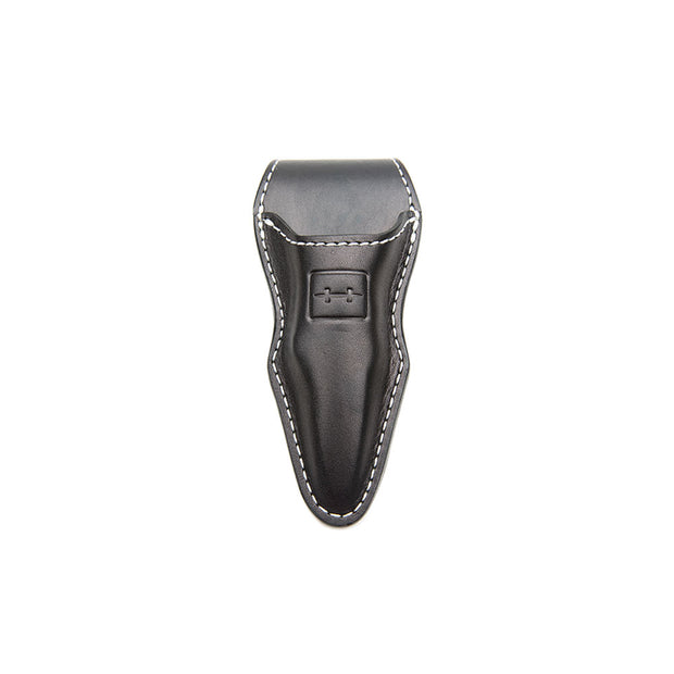 black leather sheath with Hatch stamp and white stitching