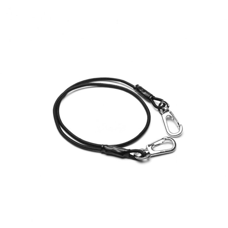 <img src="Shopify_HatchBungeeLanyard.jpg" alt="black coiled bungee lanyard with two silver clasps">